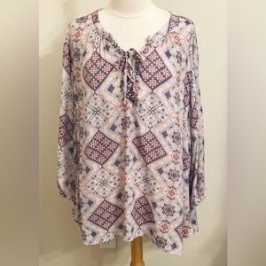 Fred David Grey Coral Geometric Split Neck Criss Cross Tie Up Long Sleeve Top 3X